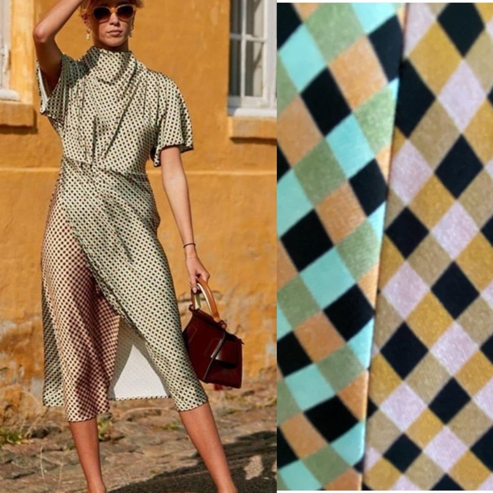 Stine Goya Rhode Mock Neck Short Sleeve Wrap Mixed Gingham Midi Dress XS